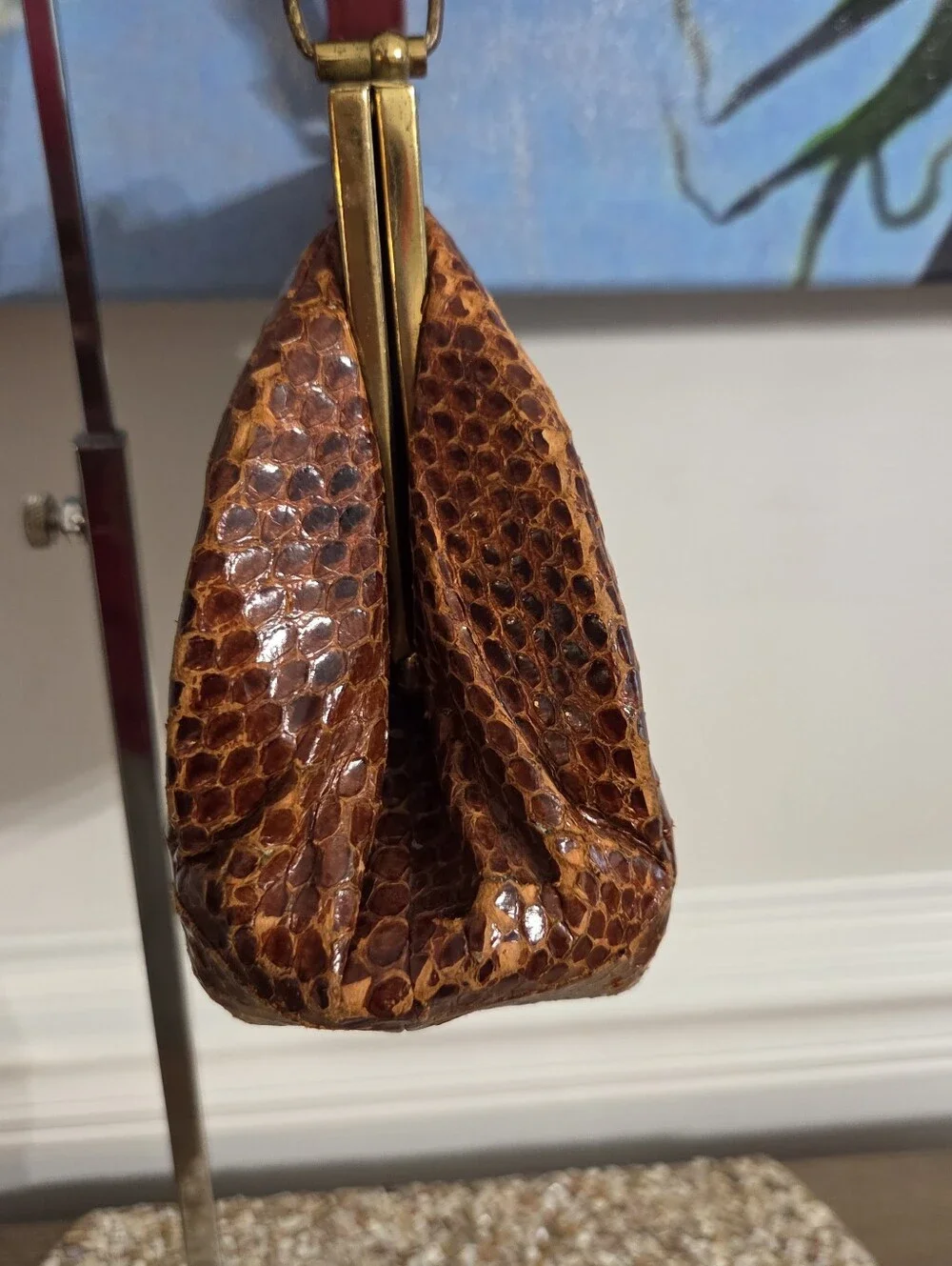 Vintage Genuine Snakeskin Handbag Brown Python Leather Framed Purse Clasp Close